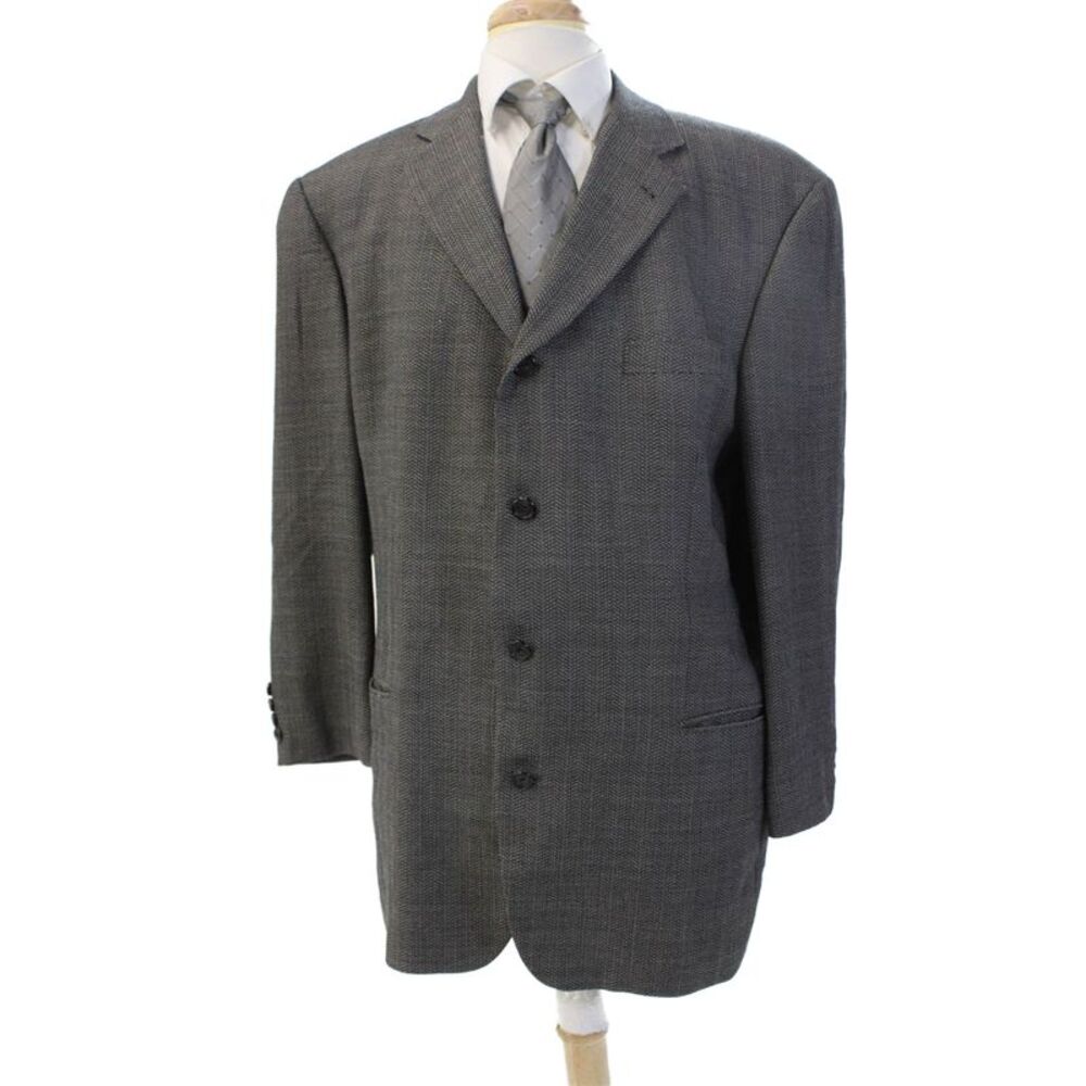 Hugo Boss Mens Herringbone Virgin Wool Button Suit Jacket Gray Size 48